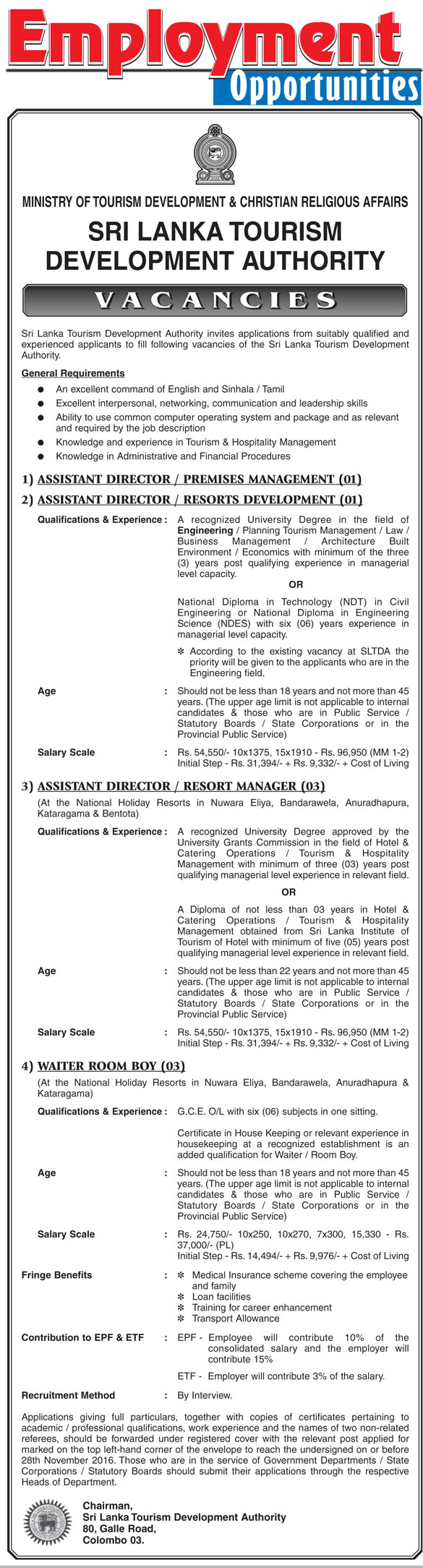 Assistant Director (Premises Management, Resorts Development, Resort Manager), Waiter Room Boy - Sri Lanka Tourism Development Authority	